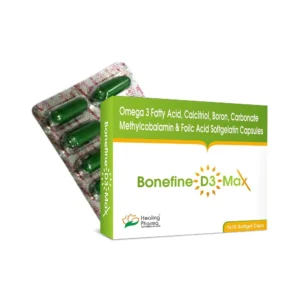 Bonefine D3 Max Softgel | Calcitrol 0.25mcg+Omega 3 Fatty Acid containing Eicosapentaenoic acid 180mg+ Docasahexaenoic 120mg+Methylcobalamin 1500mcg+Folic Acid 400mcg+Boron 1.5mg+Calcium Carbonate 500mg